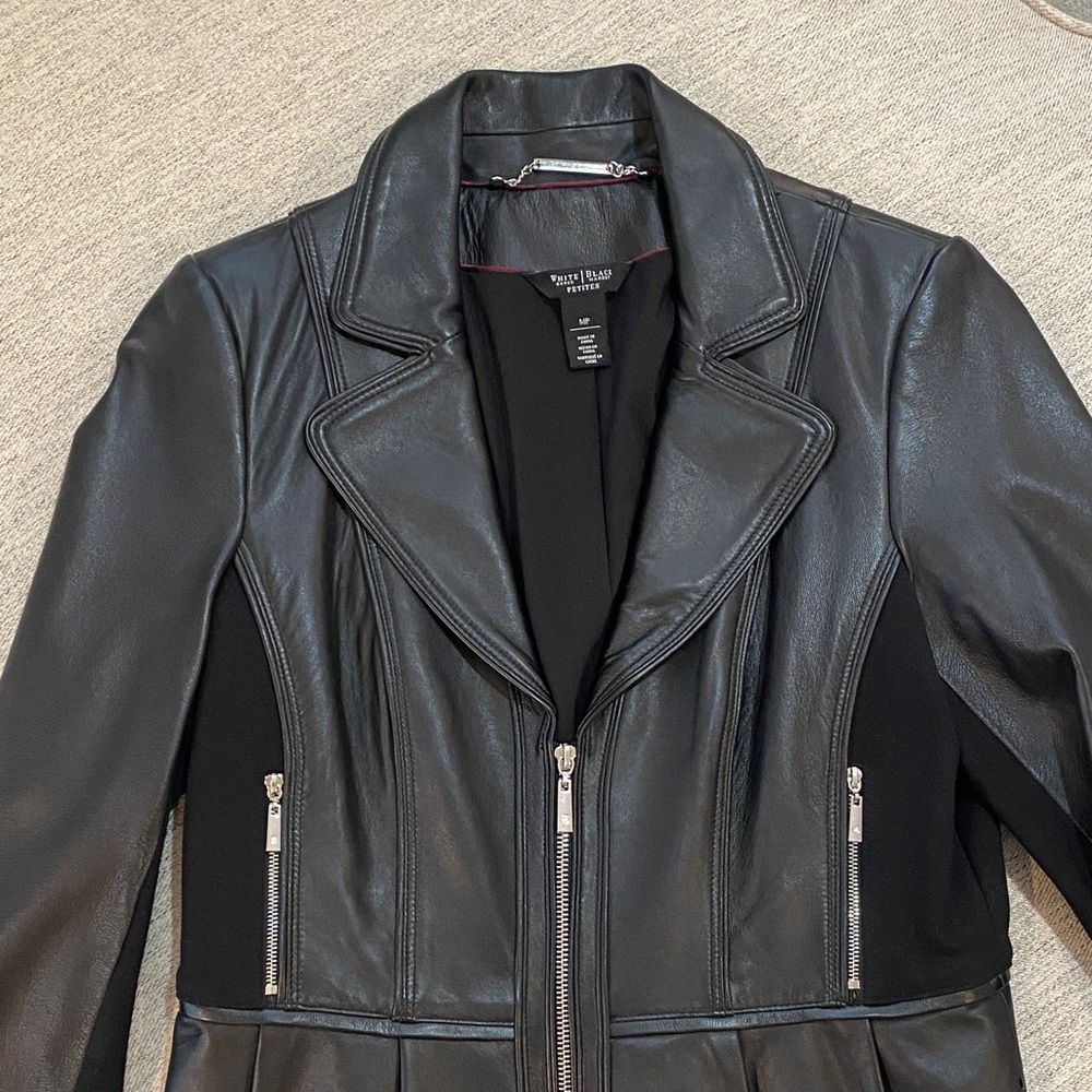 WHBM Black Leather Jacket with Scalloped Detail - Picture 5 of 9